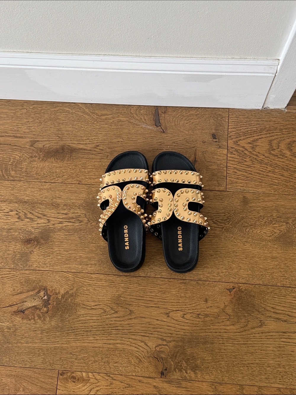 Sandro Black Footbed Tan Studded Slide Sandals